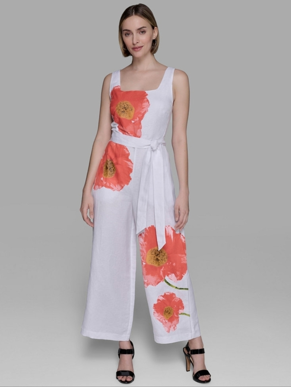 Karl Lagerfeld White Linen Jumpsuit  Coral Floral Print and Tie Waist Size 16